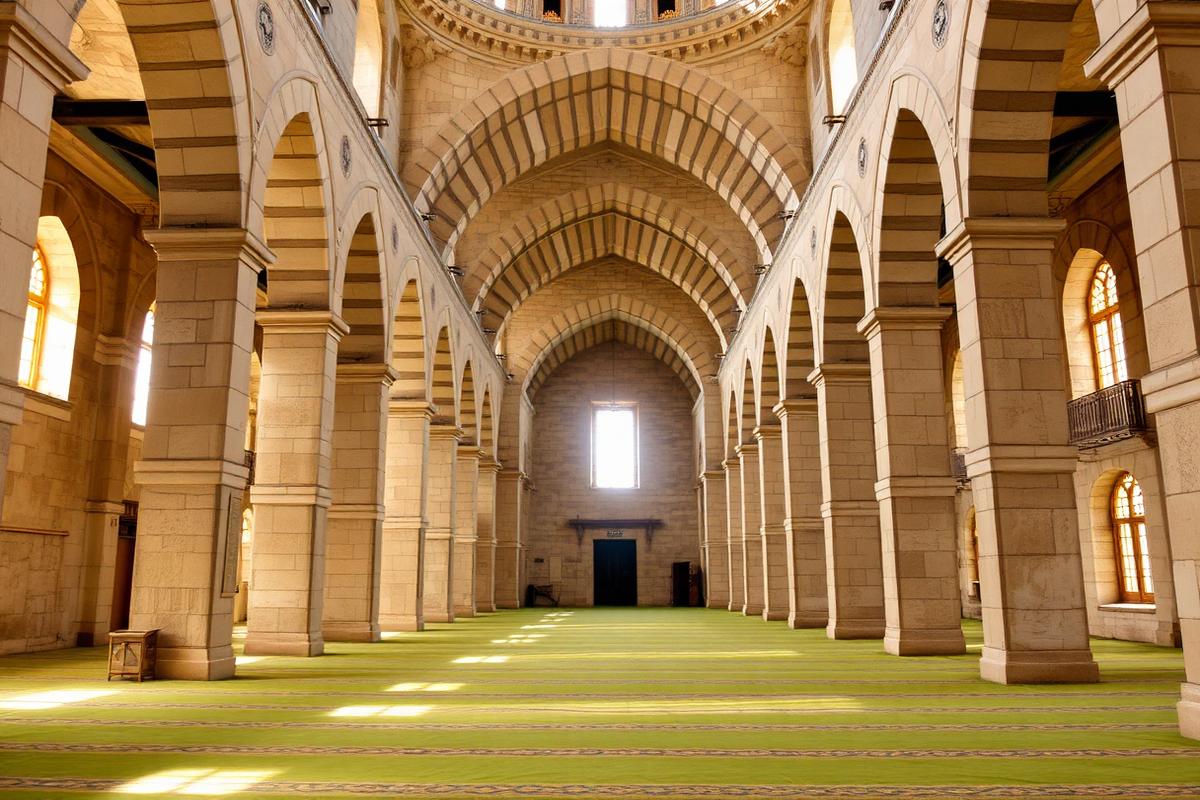Rows of stone arches inside an old mosque